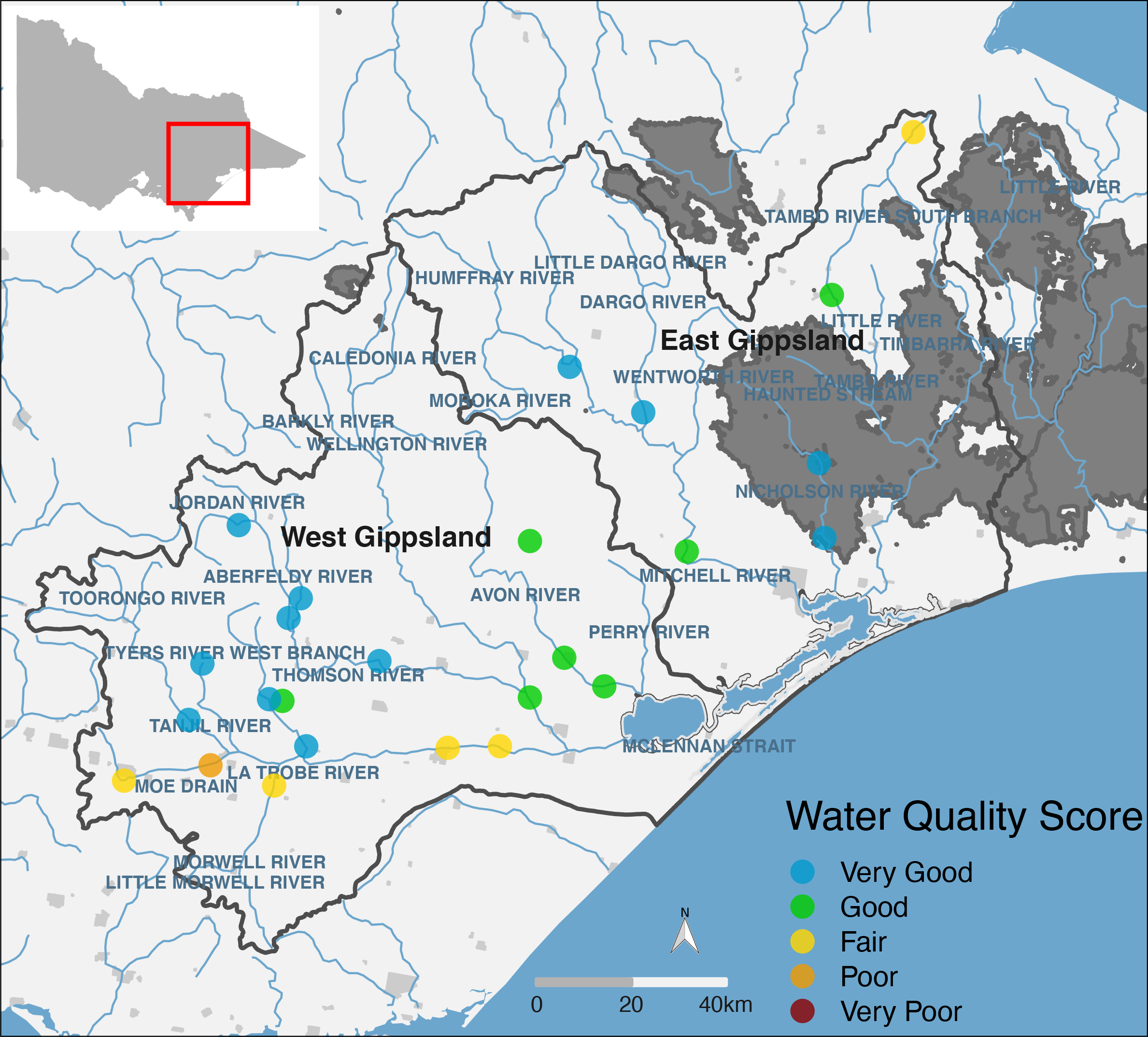 Location and WQI scores of DELWP’s monitoring sites in the Gippsland Lakes catchment. Dark grey shaded areas show the extent of the 2019–2020 bushfires in Gippsland. 